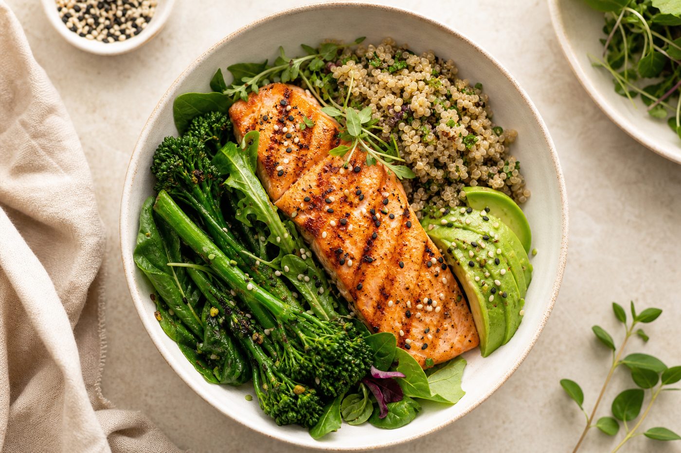 Bol de saumon grillé, avocat et légumes verts