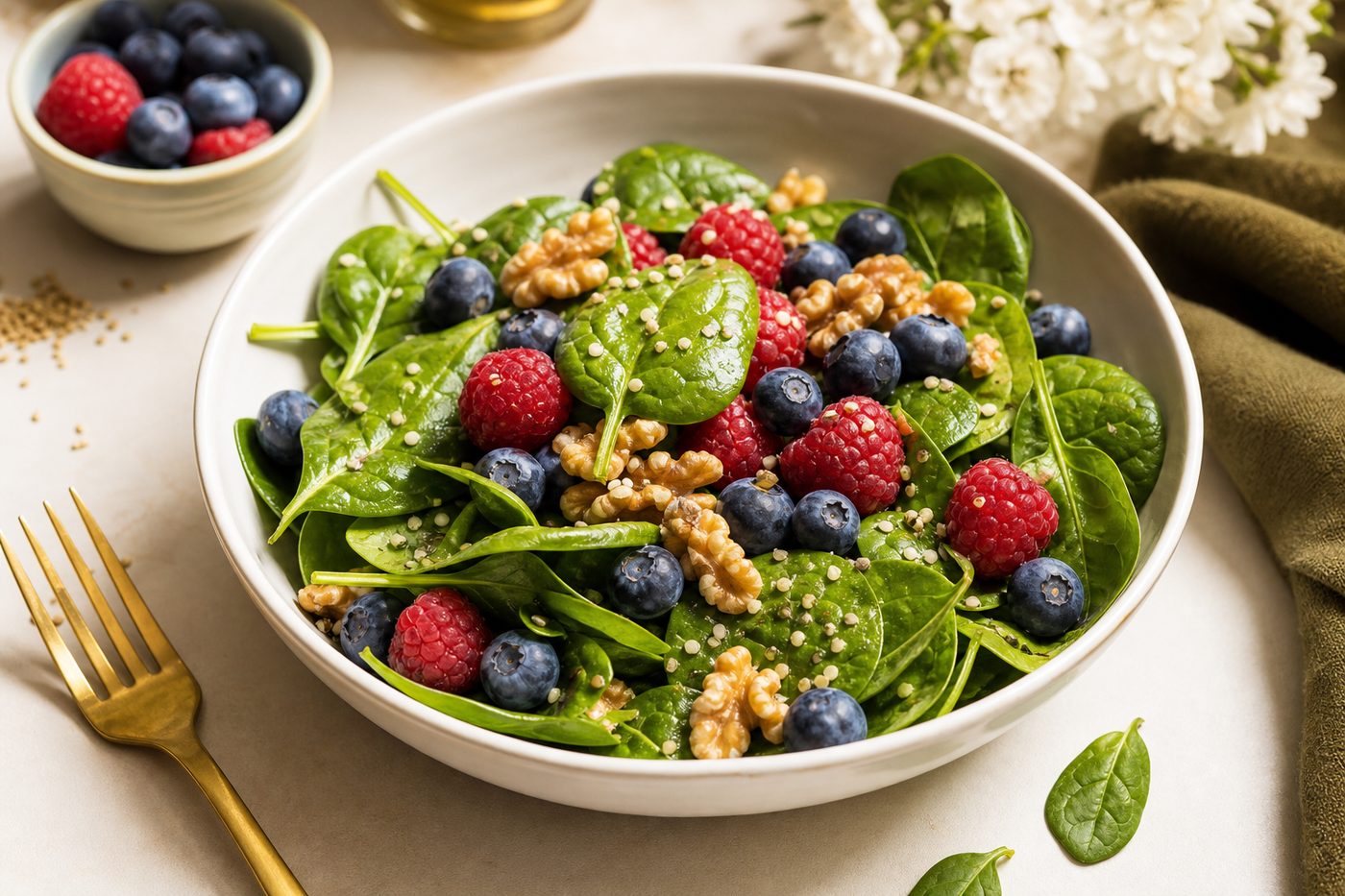 Salade de baies, noix et épinards frais