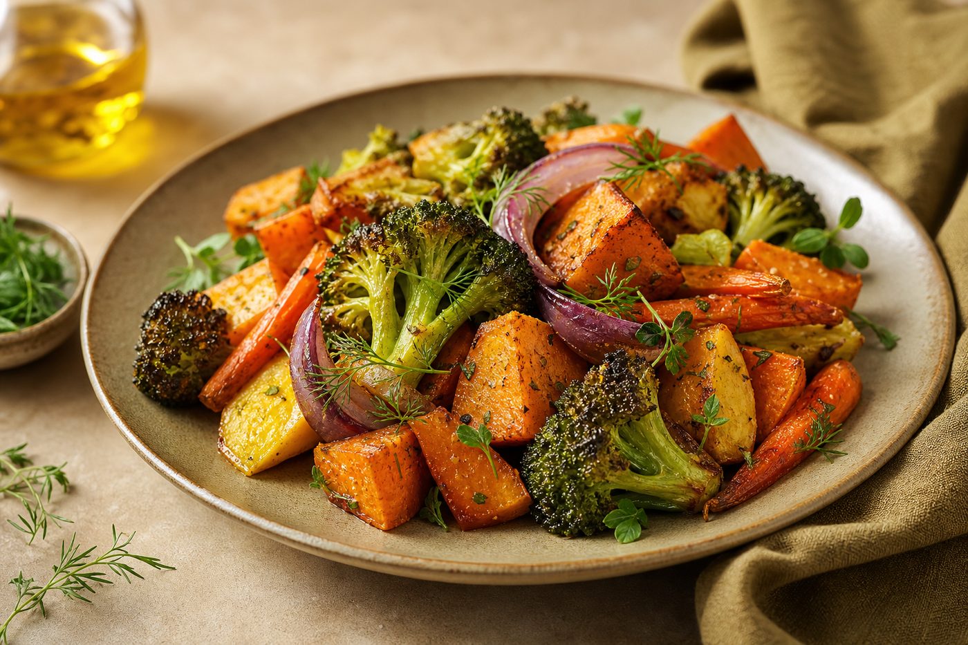 Assiette de légumes rôtis au curcuma